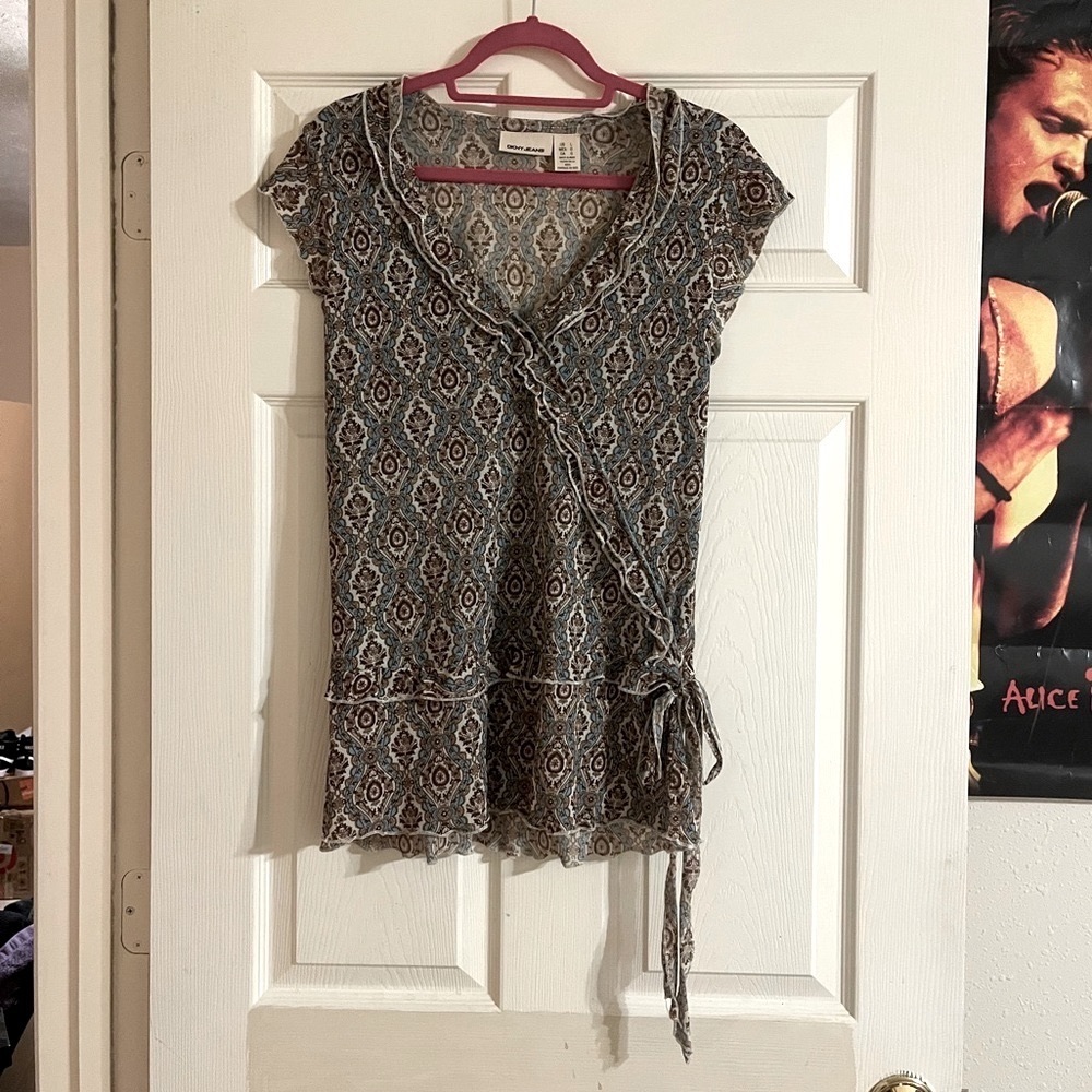 DKNY boho print tied v-neck blouse